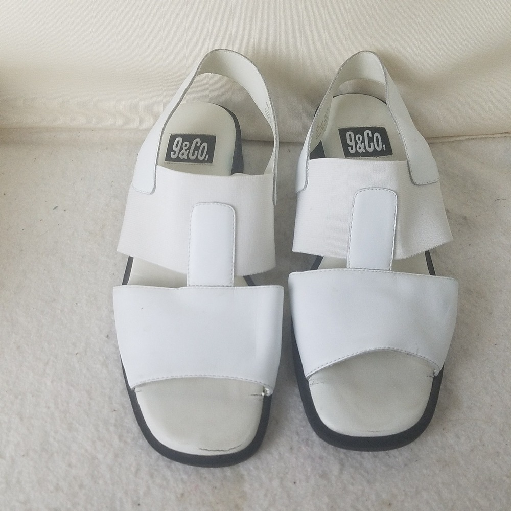 9&Co White Leather Slingback Block Heel Sandals‎ Women's Size 9M